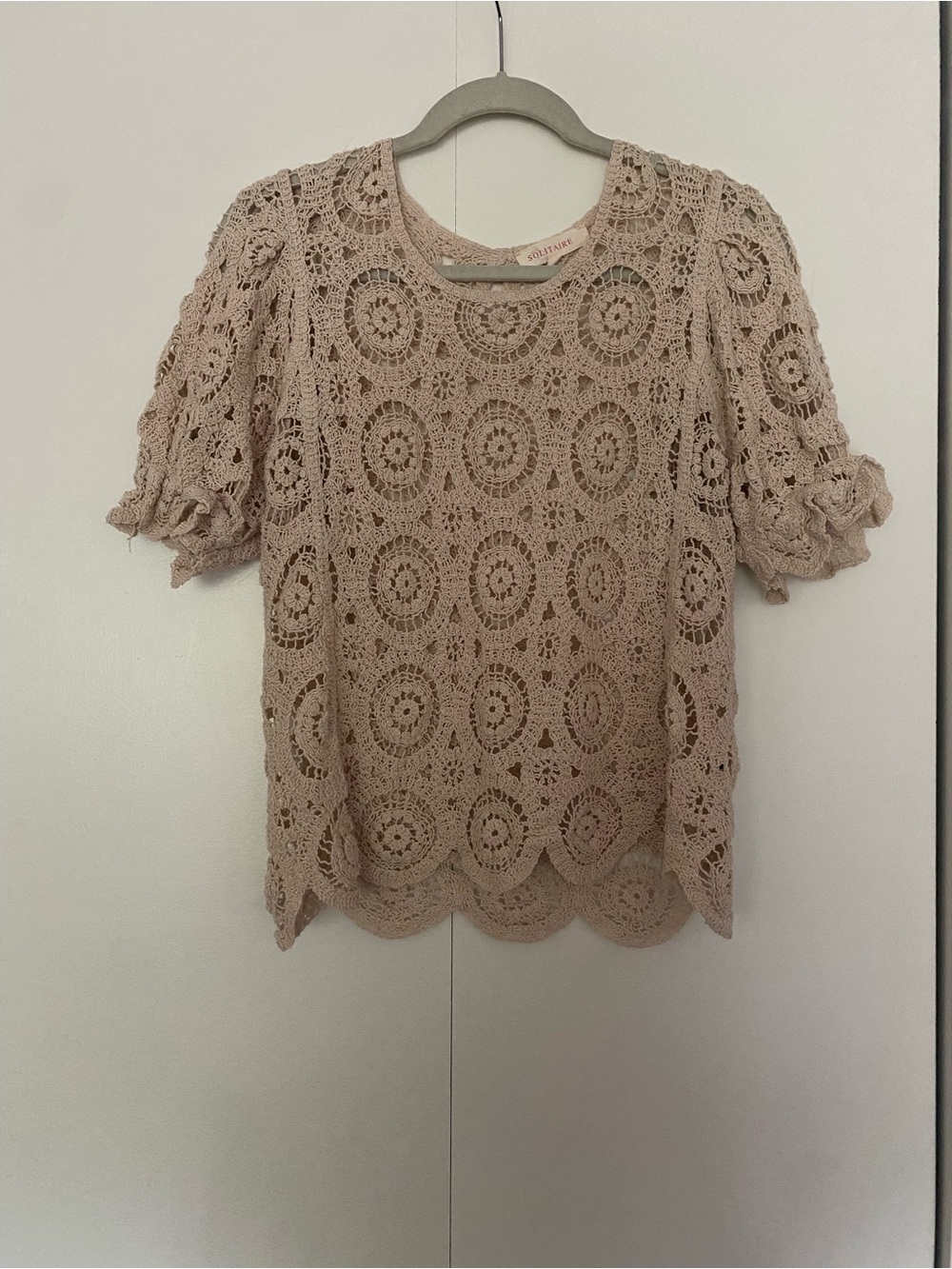Solitaire Crochet Puff-Sleeve Top, women’s medium